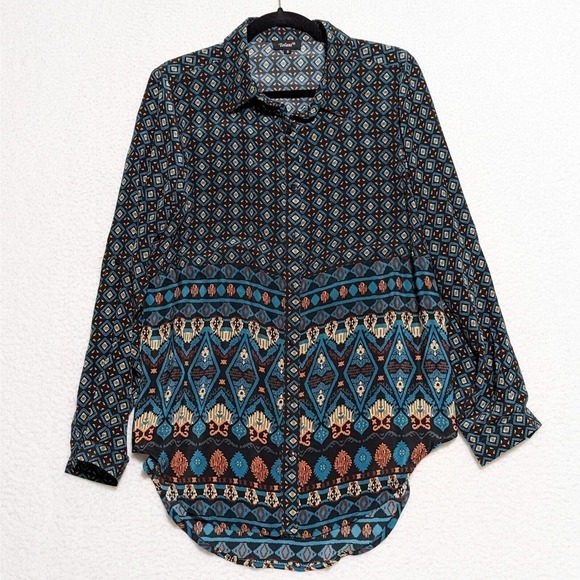 Tolani Silk Tunic Button Up Small Black Aqua Aztec Boho Blouse Prairie Roll Tab - Picture 1 of 8